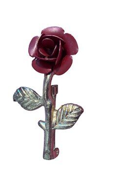 Vintage Metal Red Rose Pin Brooch Gold Tone 3D Stem Leaves 1.75" Estate 5.15g